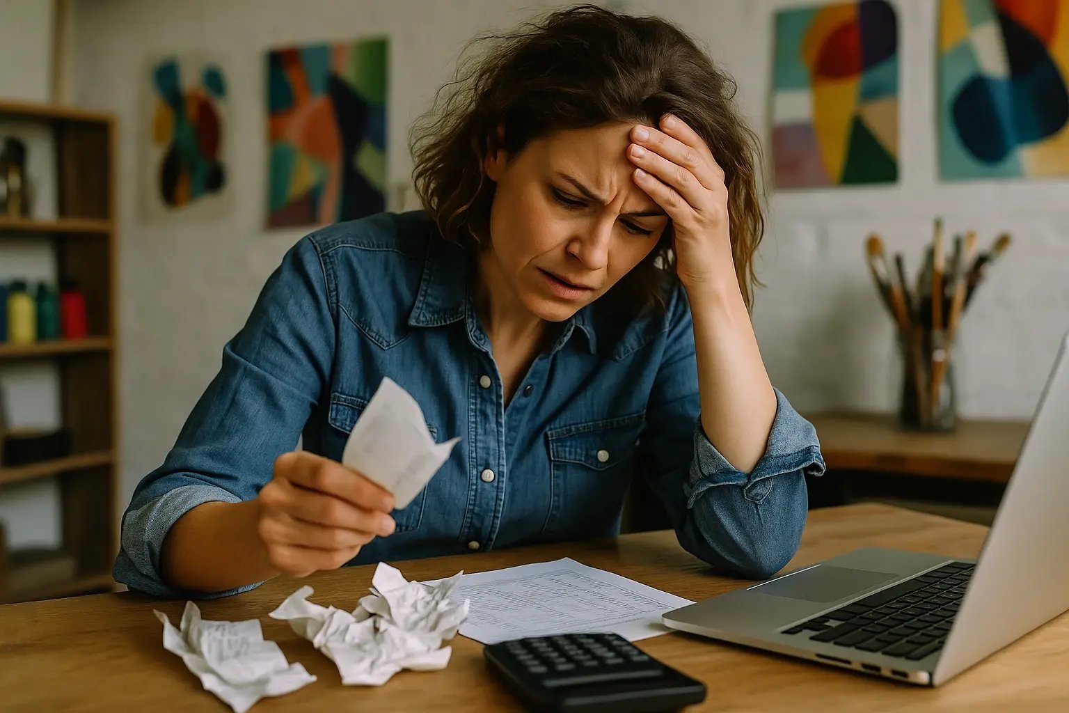 Woman struggling with bookkeeping