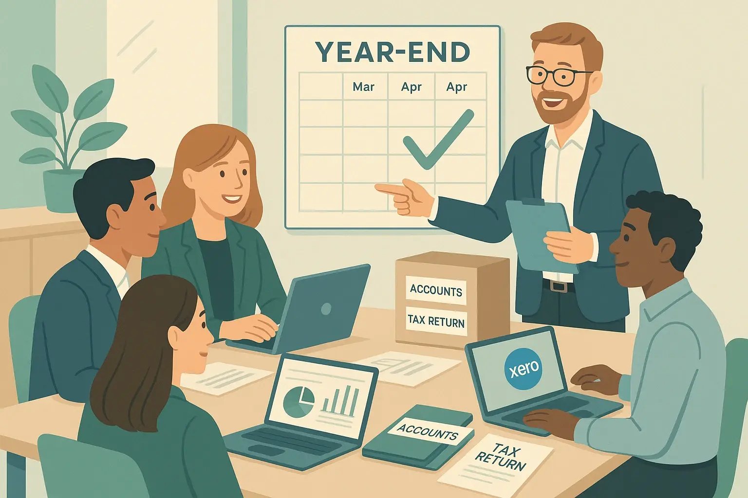 Reviewing year-end financials in office