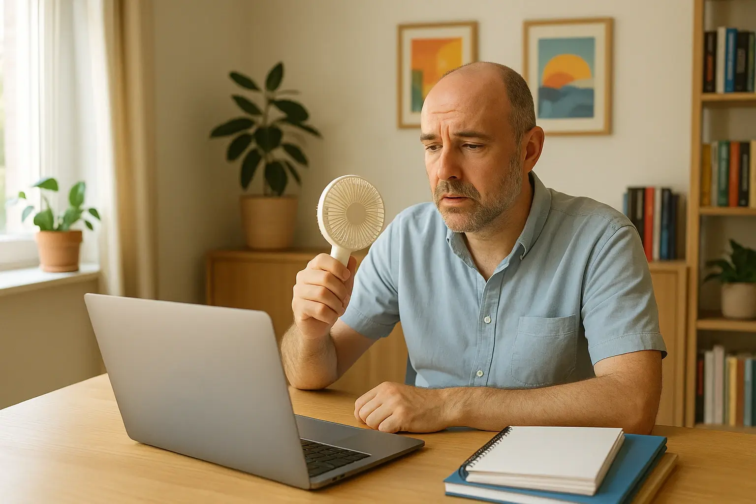 Man in home office with hand held fan