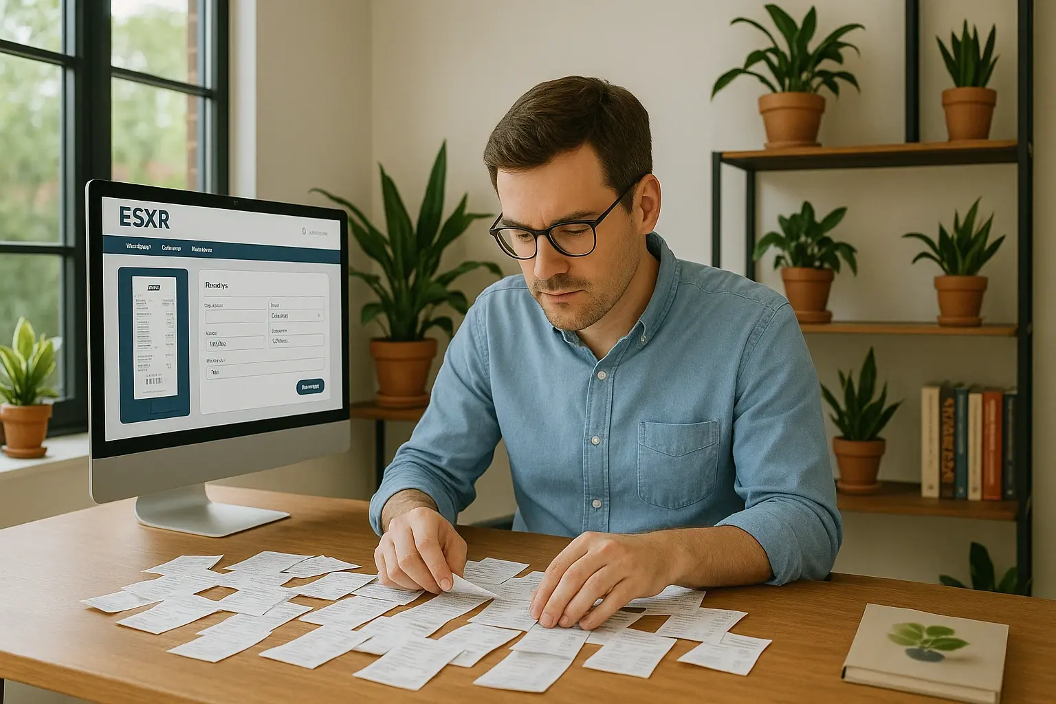 Man looking at receipts on desk