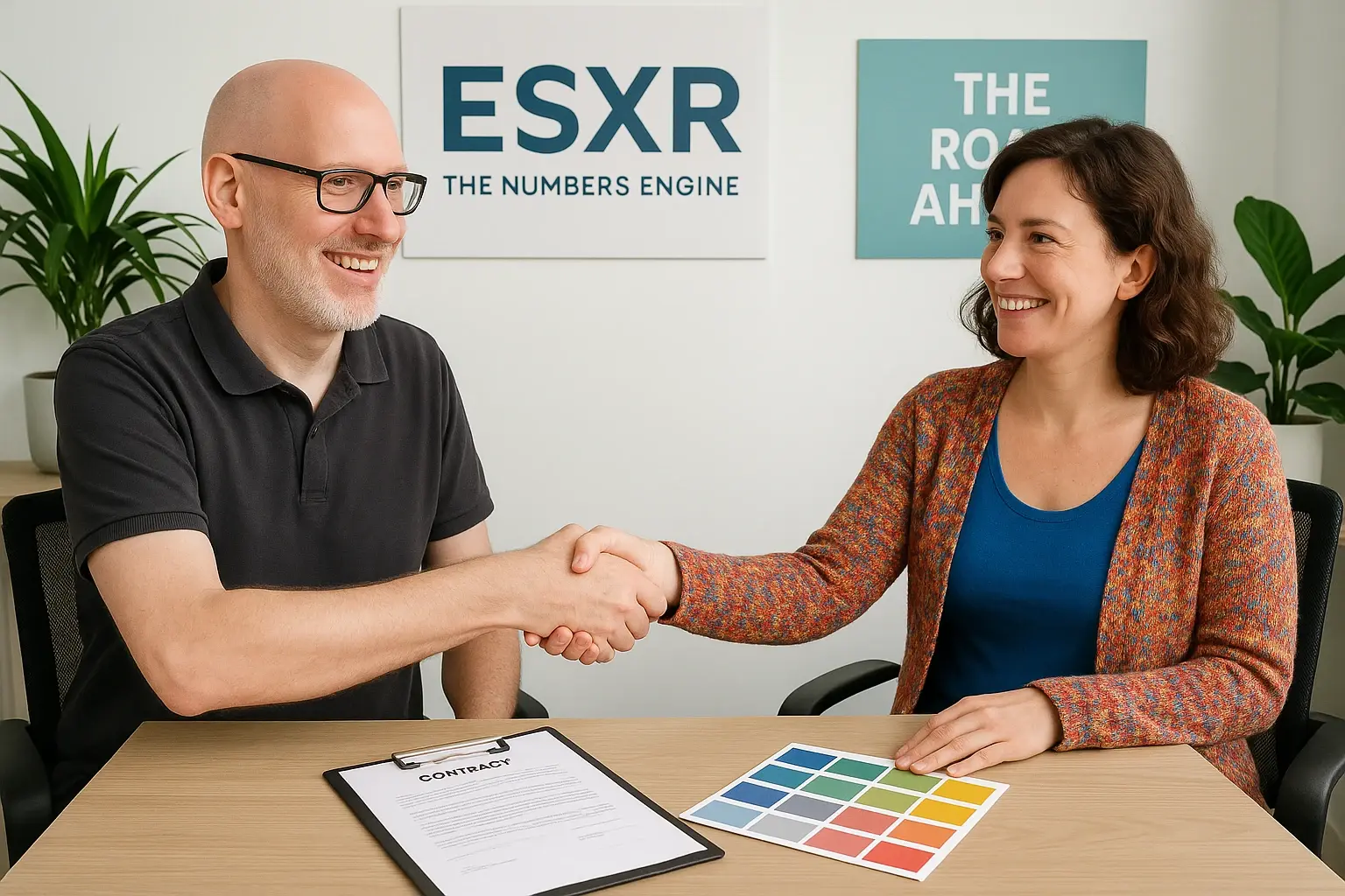 Man and woman shaking hands on new contract