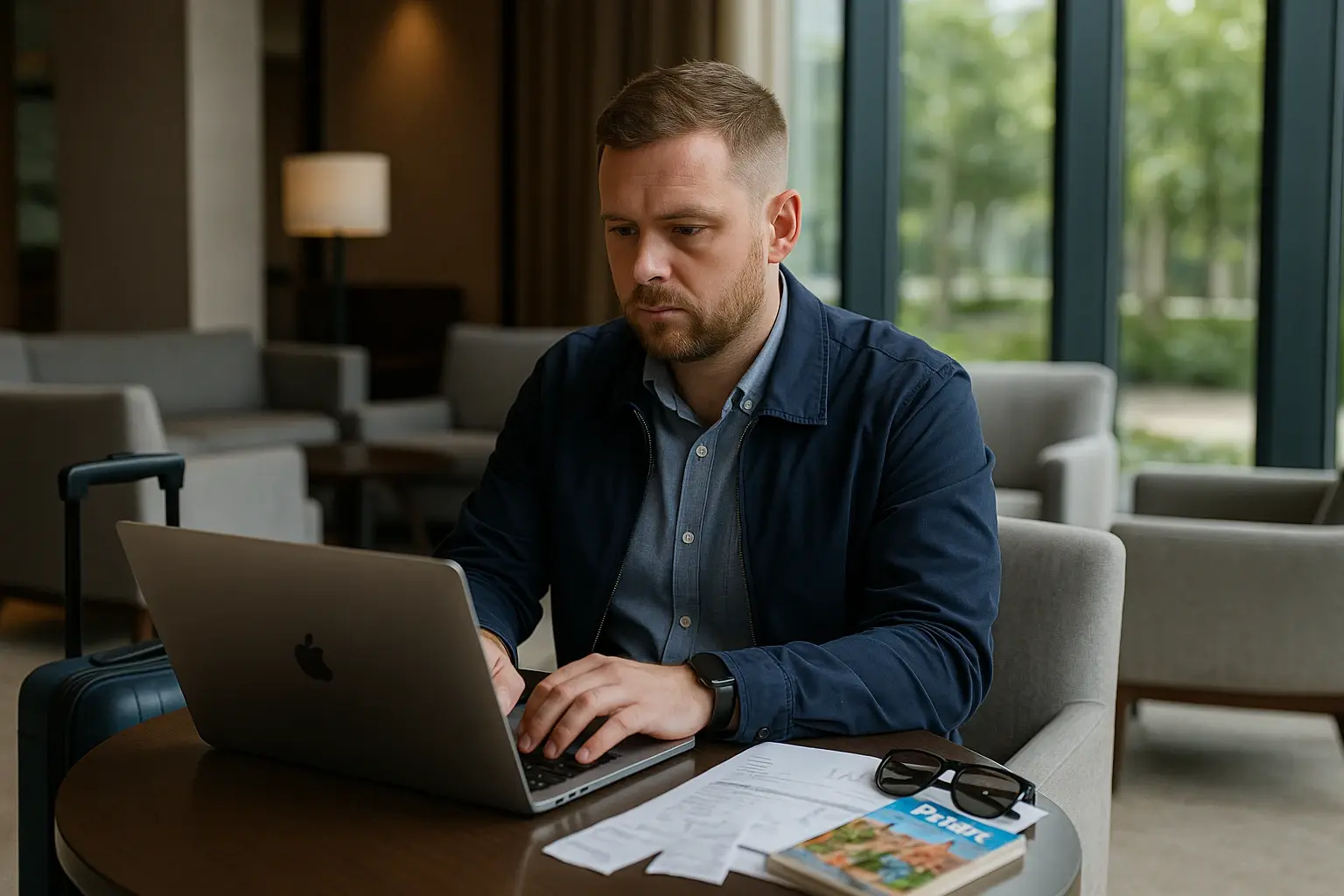 Man on laptop in business lounge