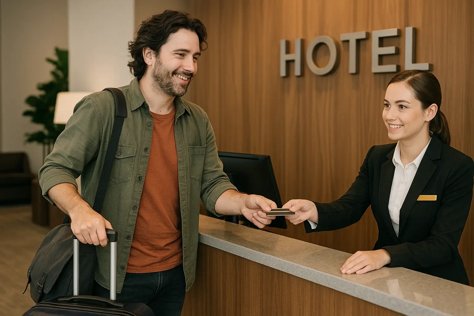 Business owner checking in to a hotel