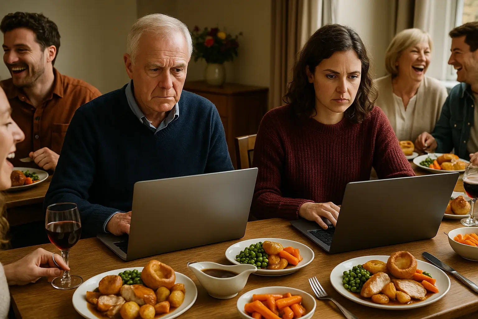 Family working over dinner