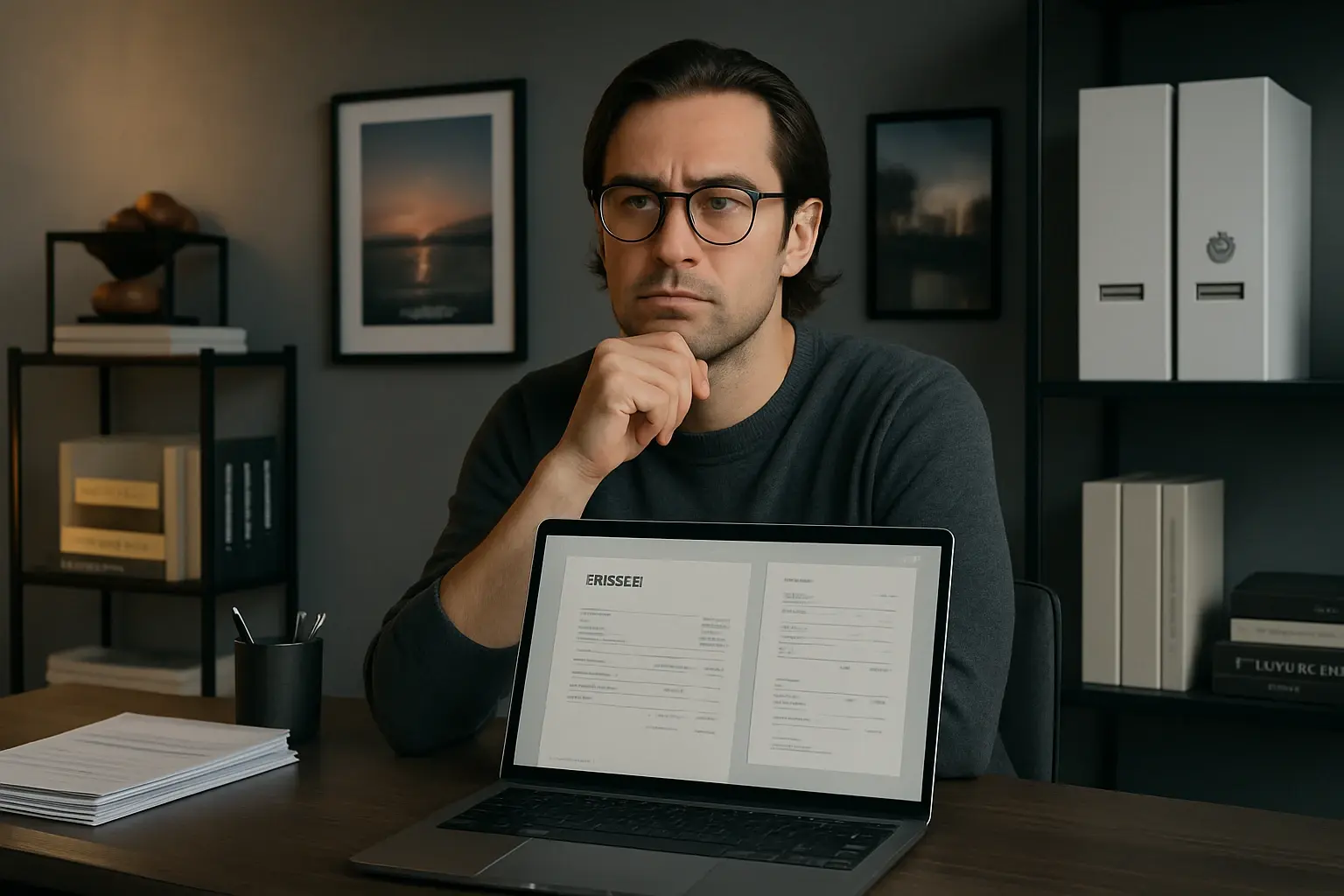 Man in office pondering