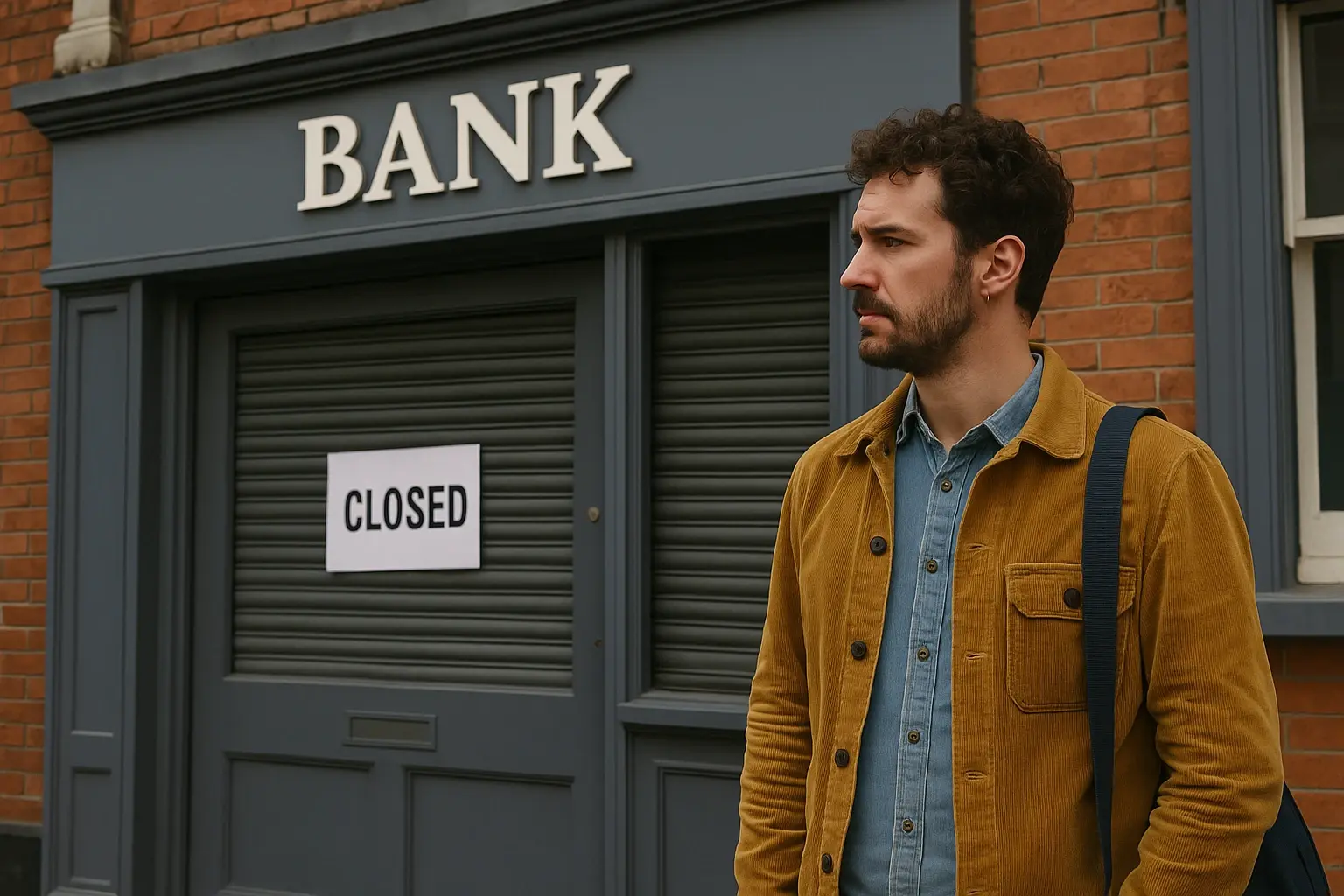 Man standing outside a closed bank