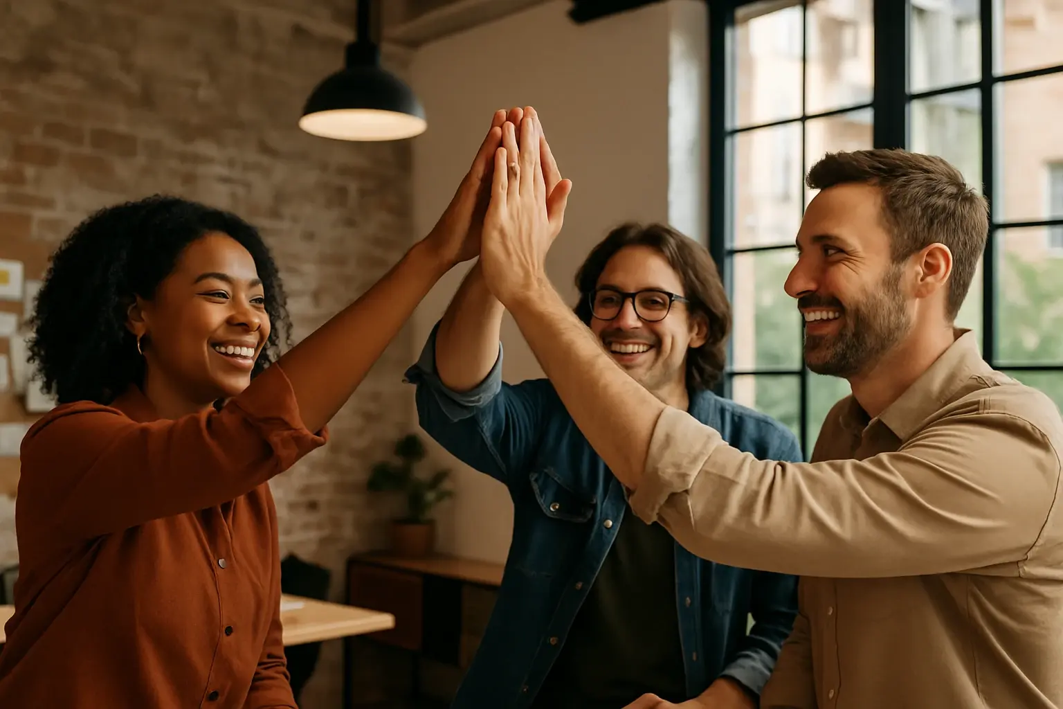 Three people high-fiving each other