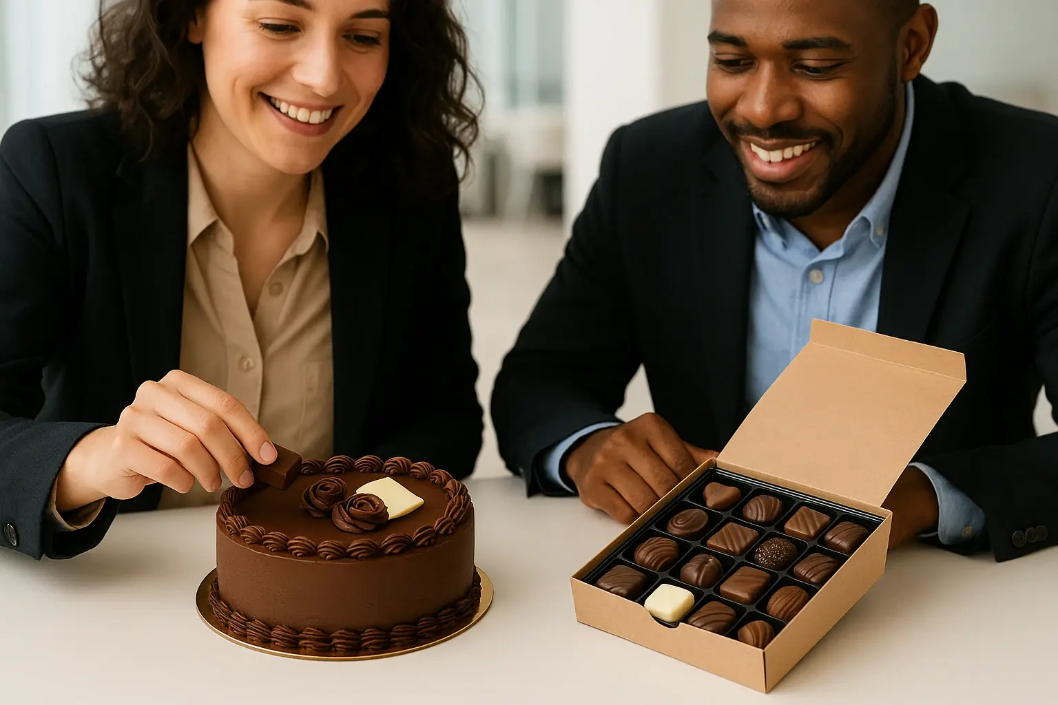 Man and woman looking pleased at cake and chocolates