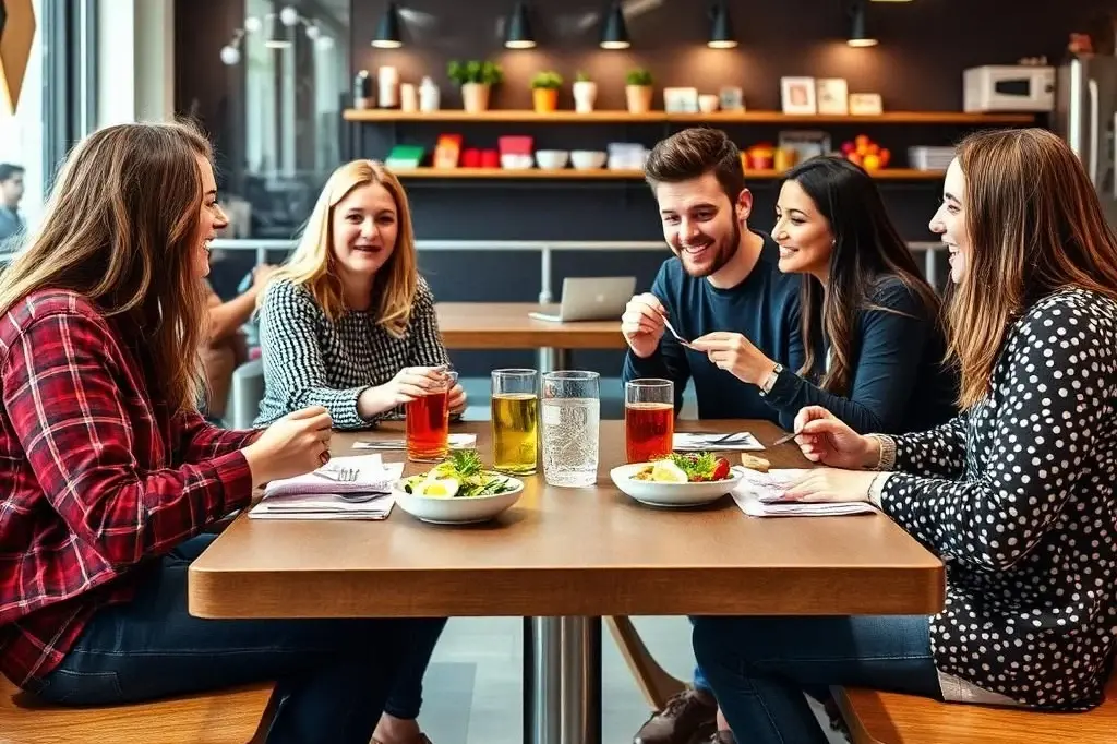 Colleagues having lunch in a canteen