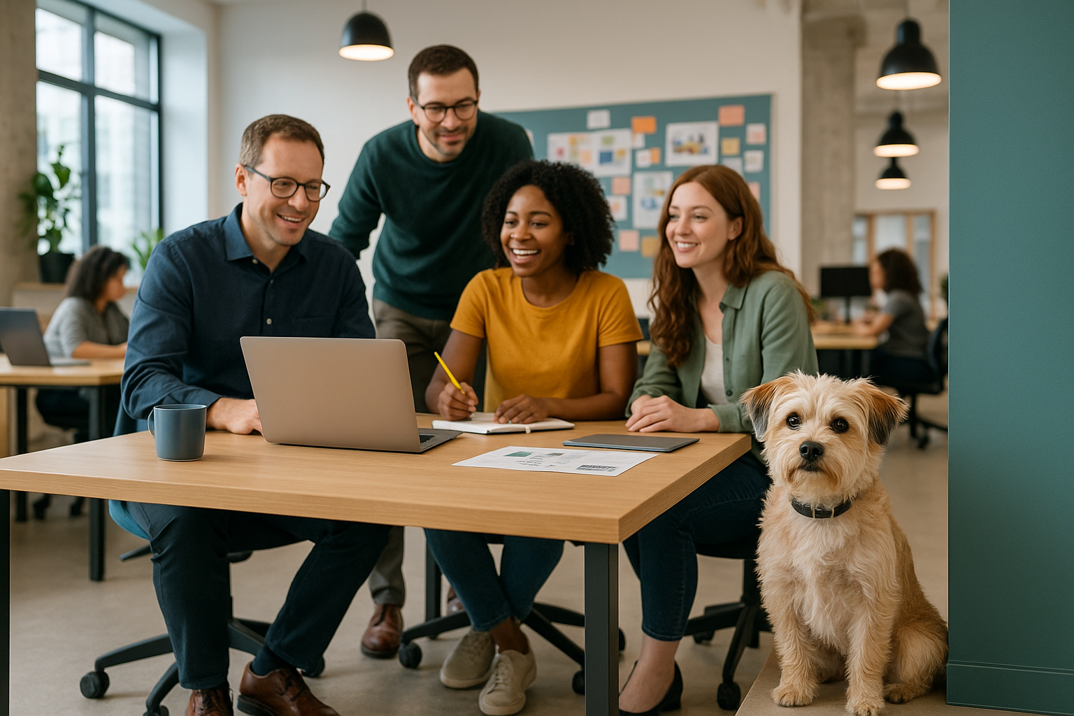 Office scene with four staff and one dog