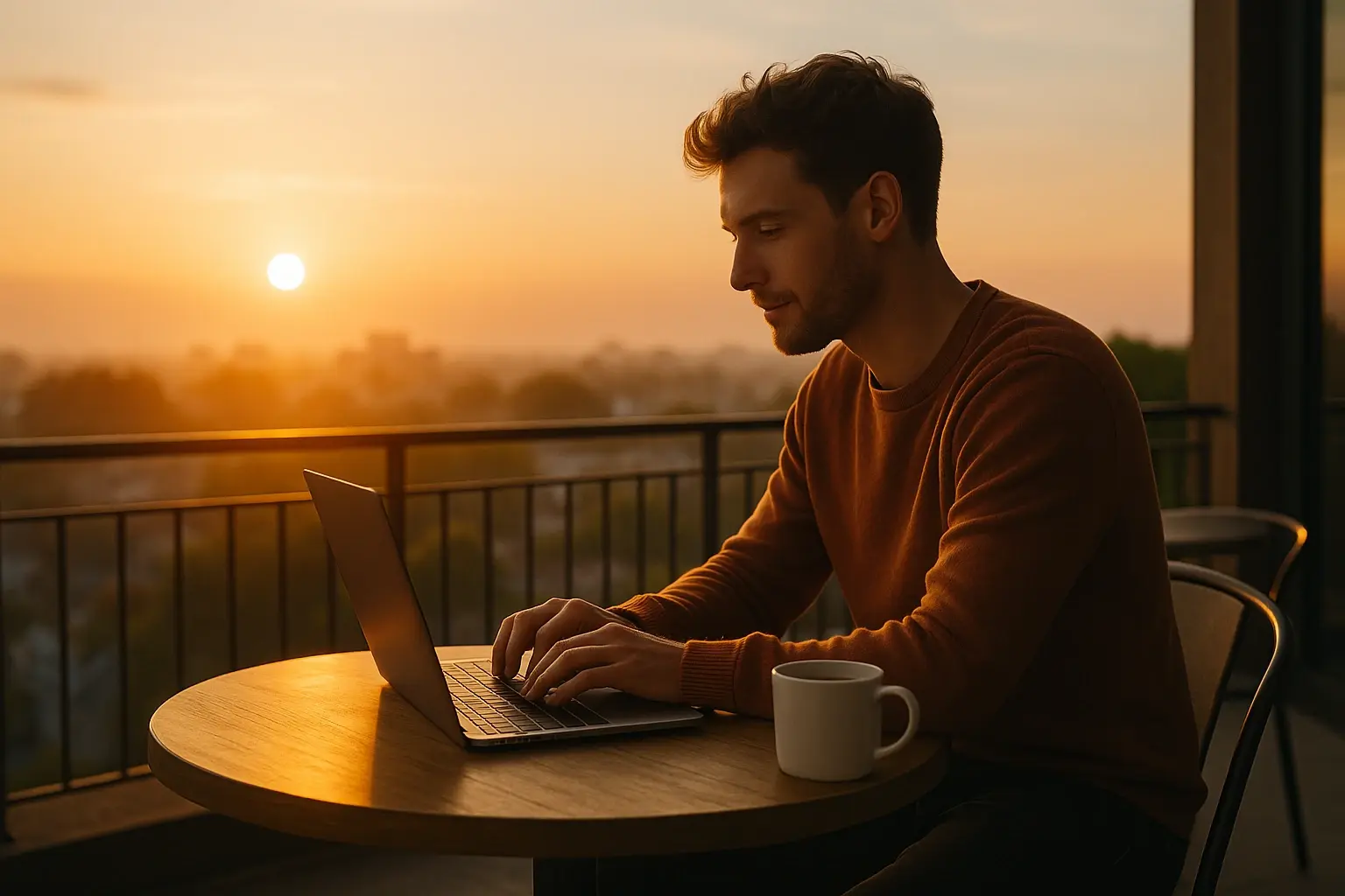 Guy on laptop on balcony at sunset