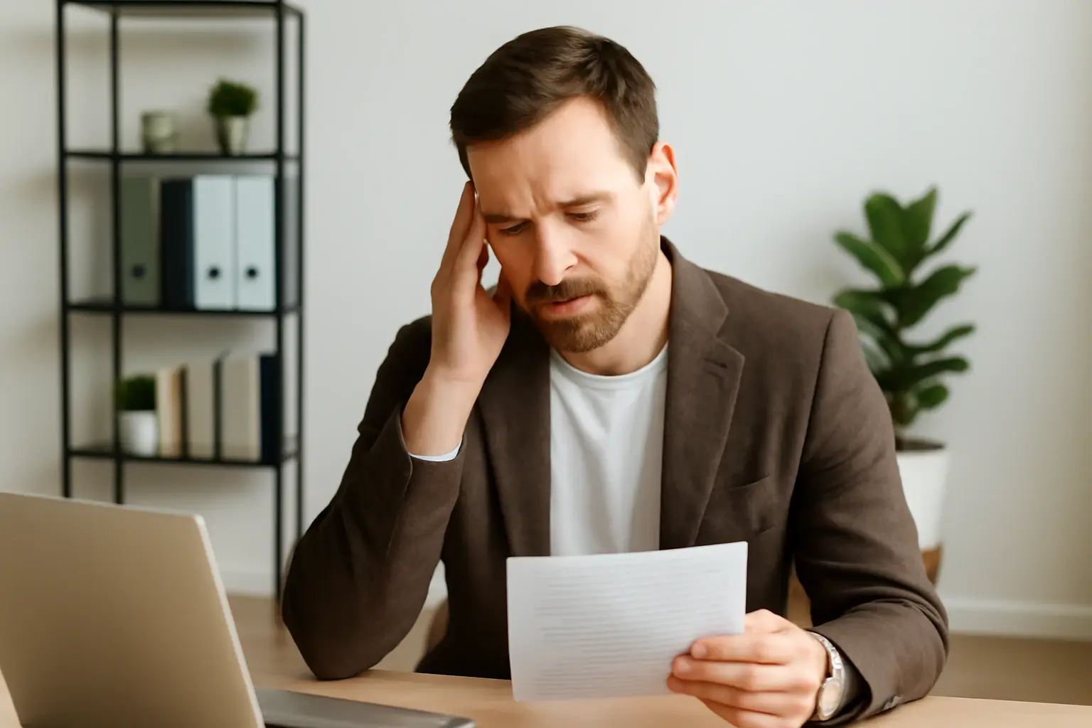 Man at desk looking confused
