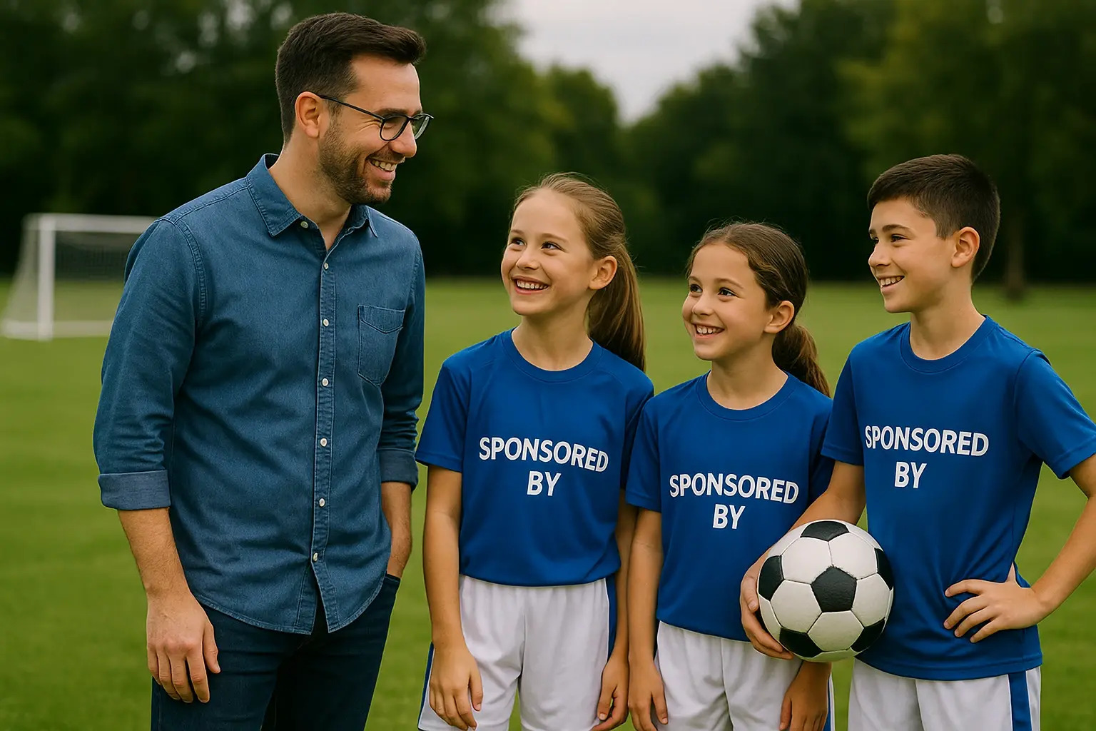 Business person sponsoring kids football team