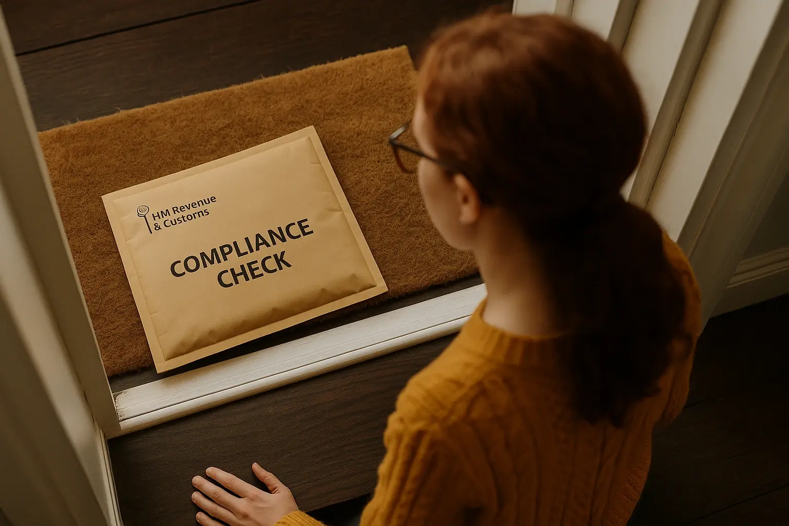 Brown envelope on lady's doormat
