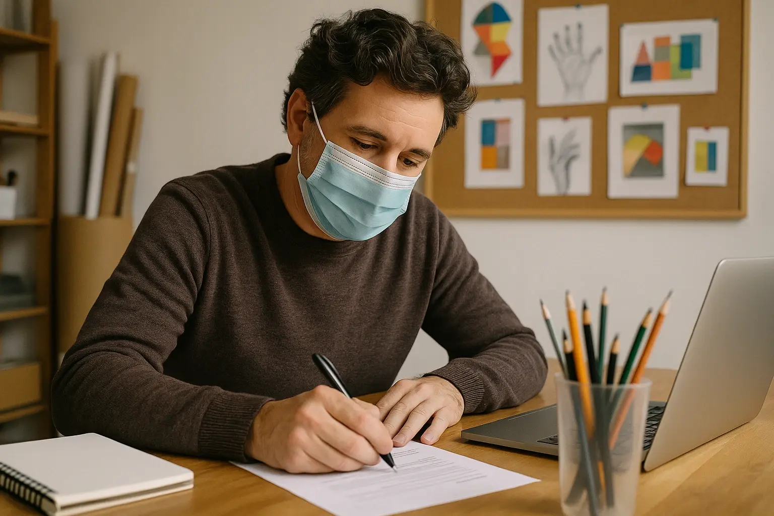 Man in covid mask filling out a form