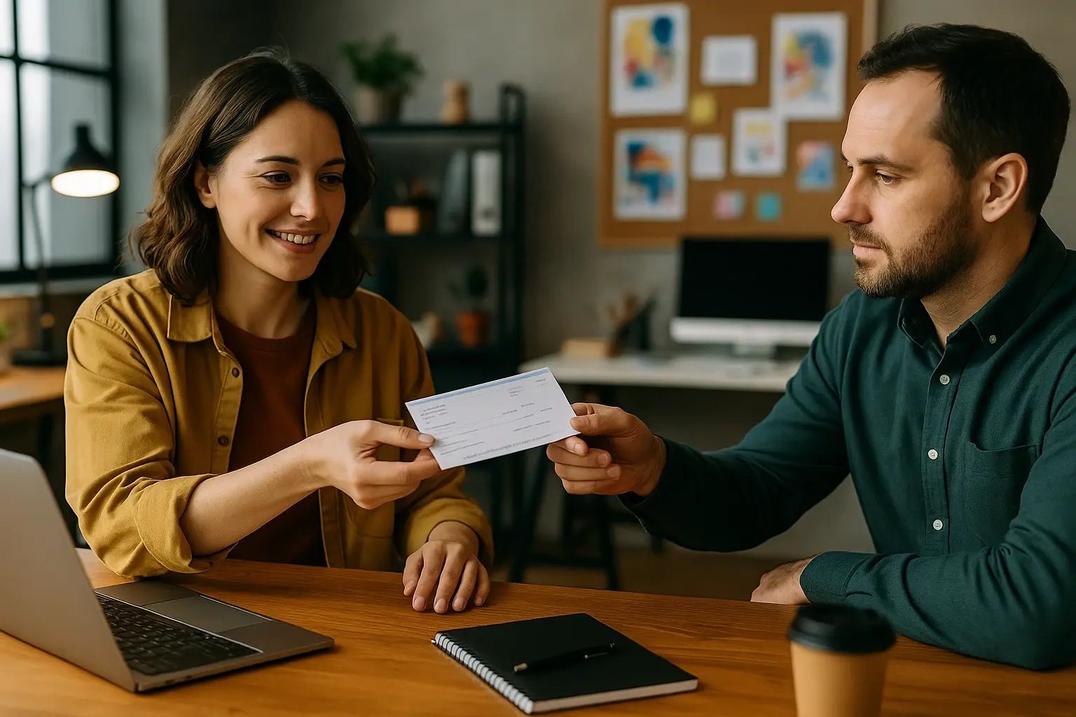 Man handing a cheque to a lady