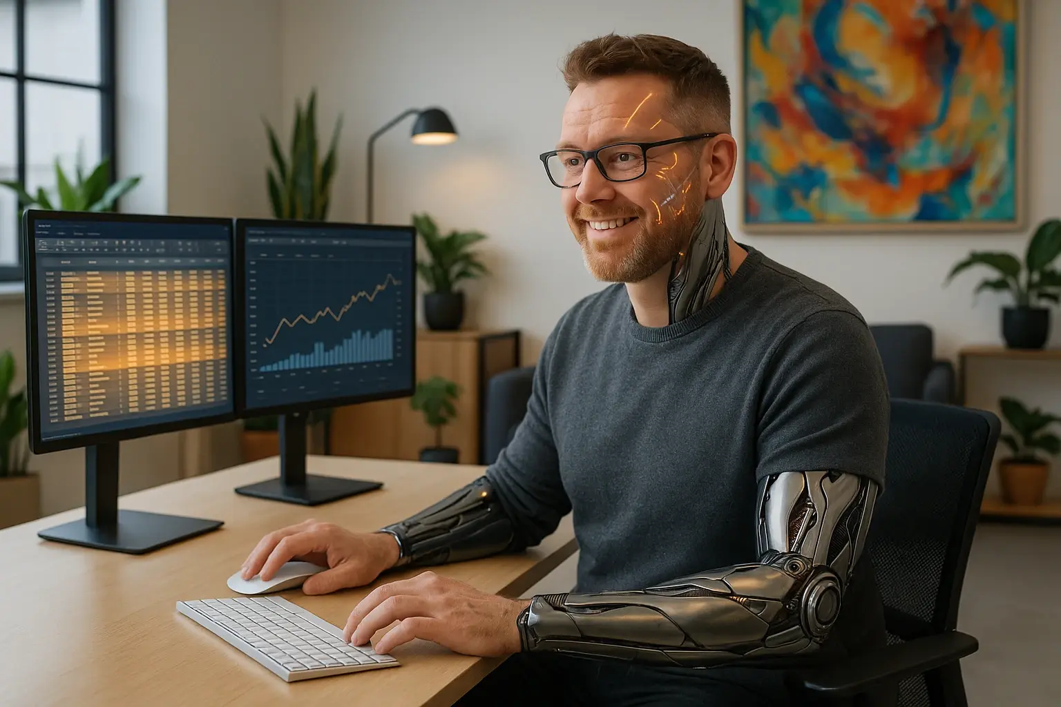 Cyborg accountant at desk