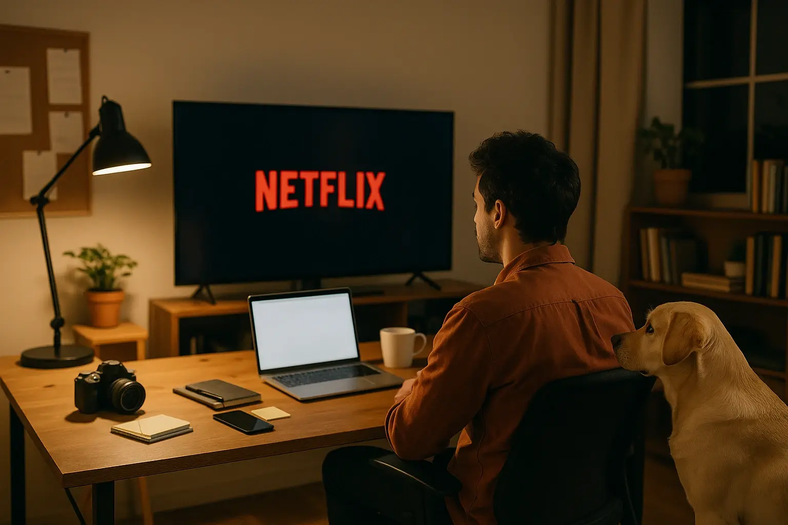 Owner and dog watching Netflix at work