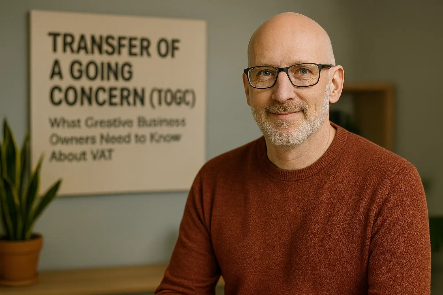 Man at desk with TOGC text behind him