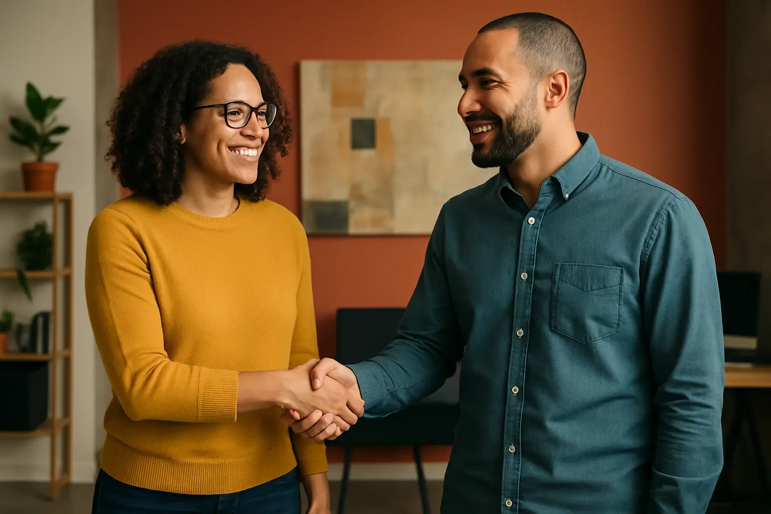 Creative business owners shaking hands over a deal