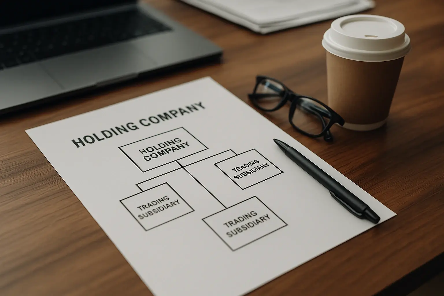 Desk with document looking at company structure