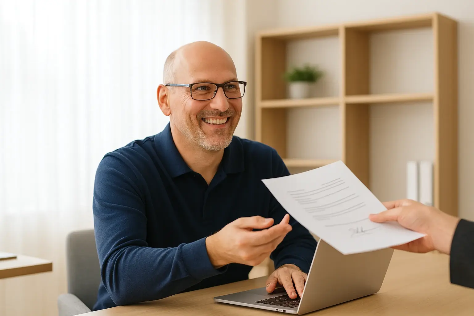 Man at desk being handed signed documents