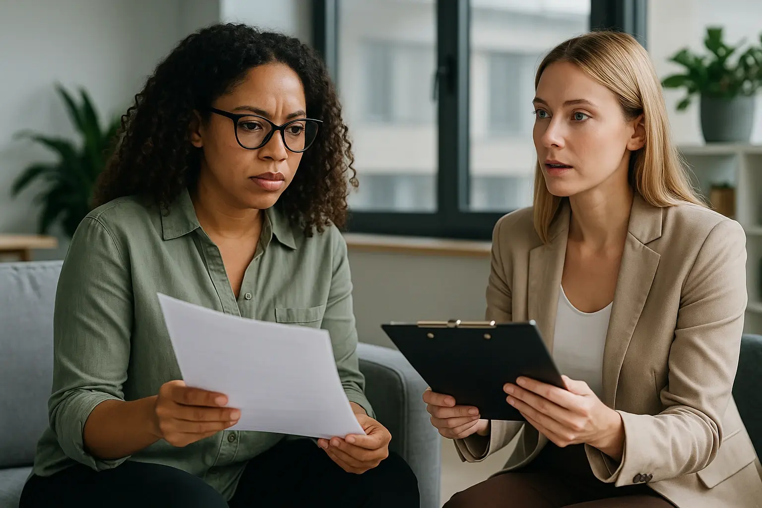 Two female workers looking at contracts
