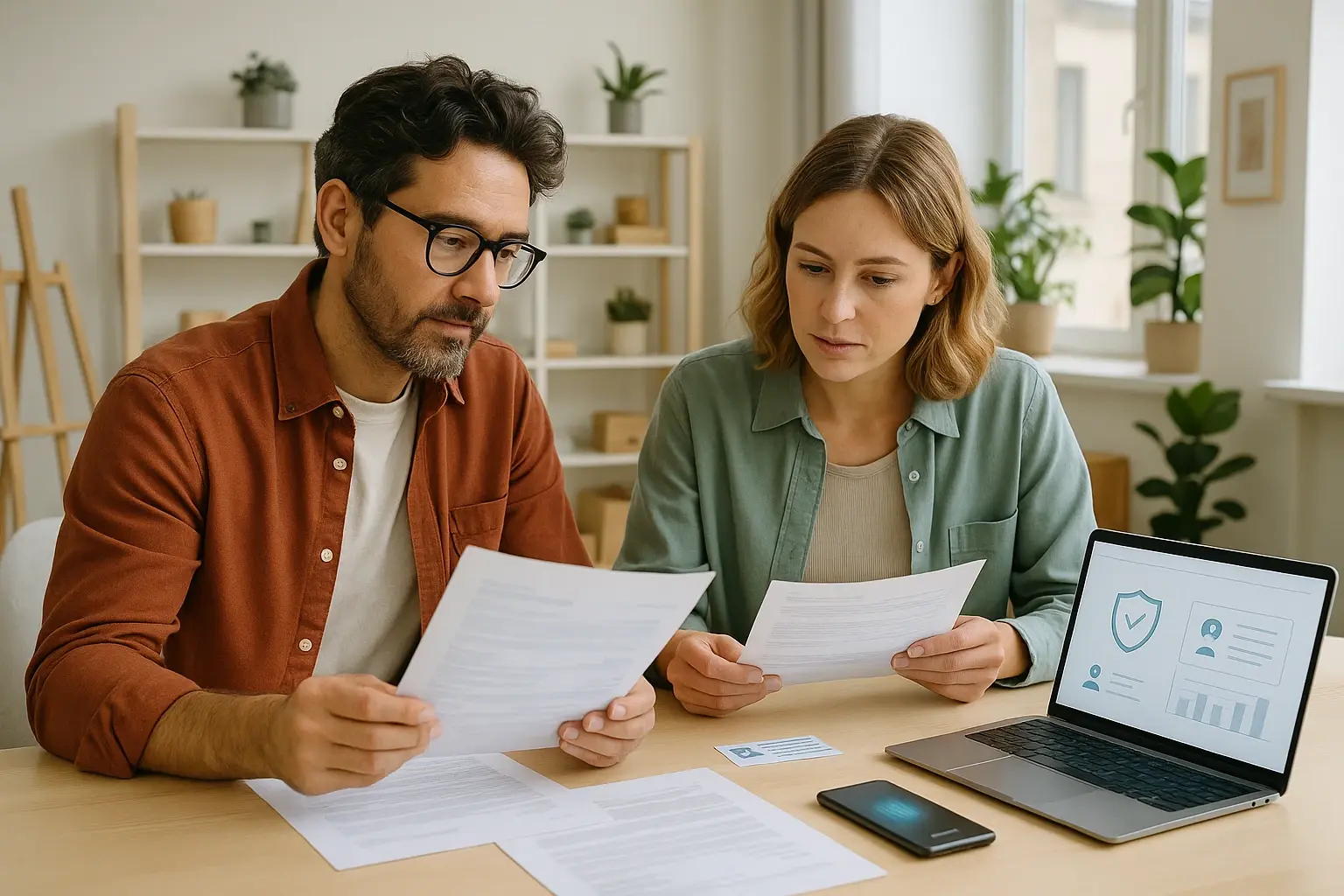 Two business owners looking at official forms