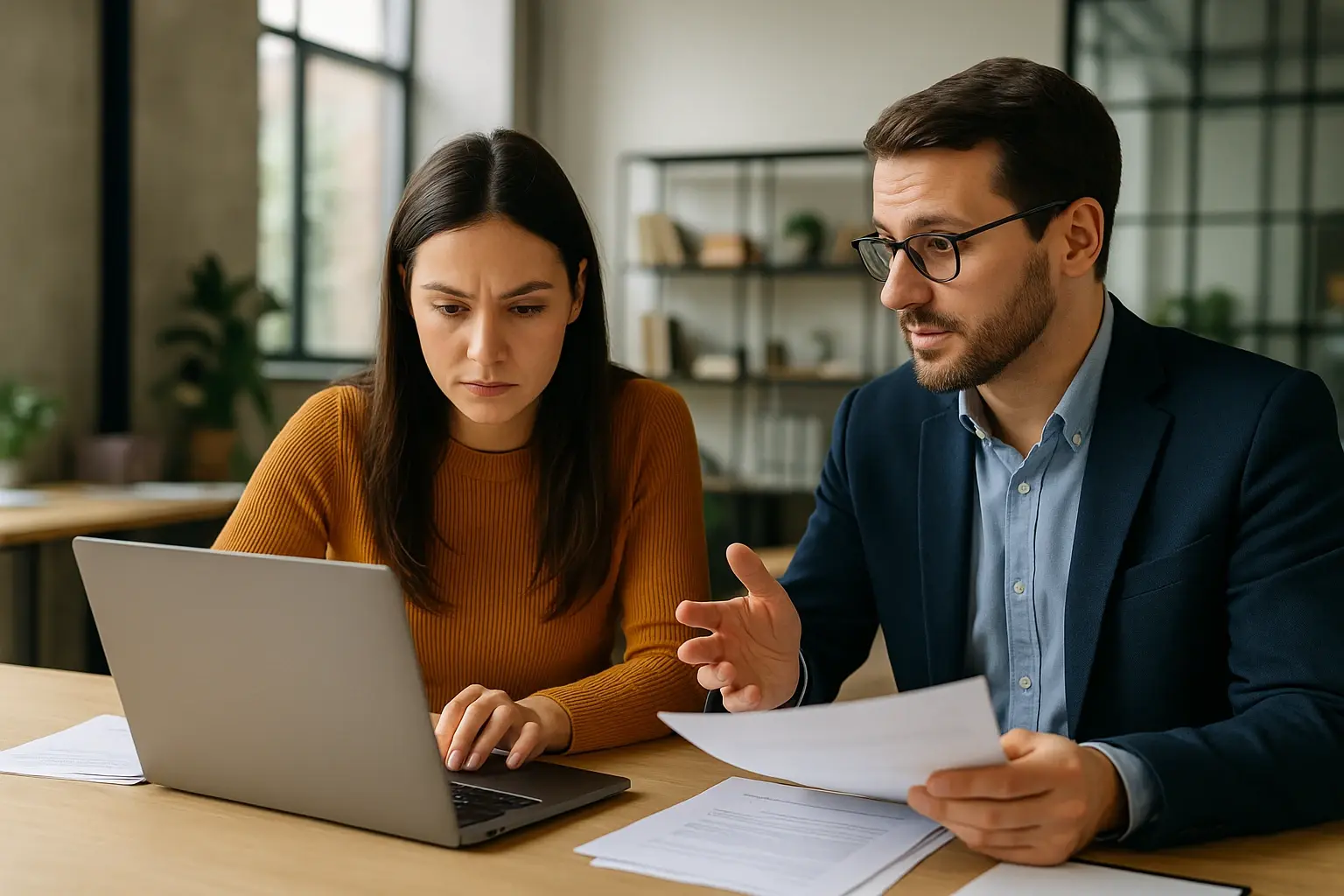 Man and woman at desk trying to work out payroll