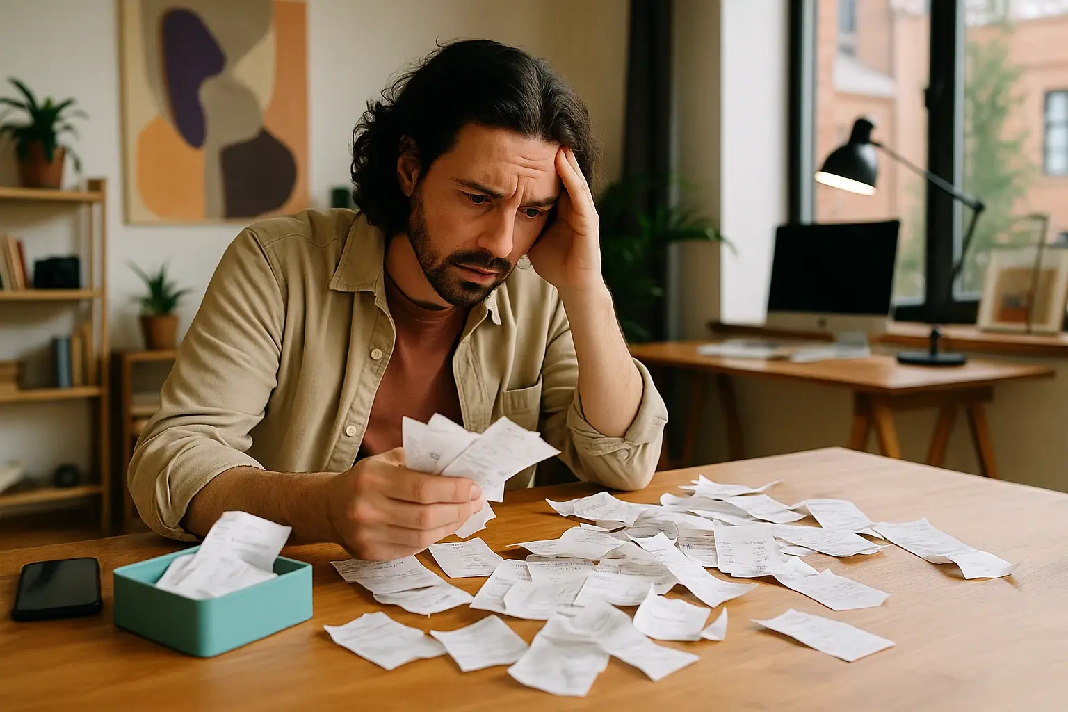 Man looking anxiously at a pile of receipts