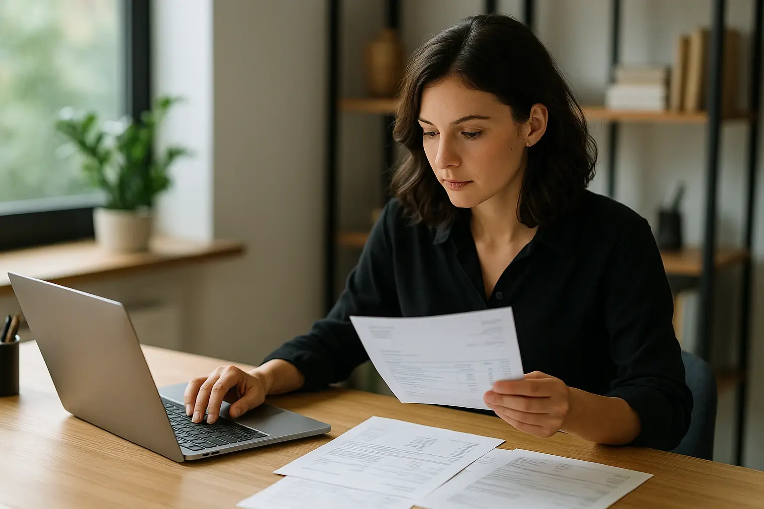 Female business owner at desk reviewing paperwork