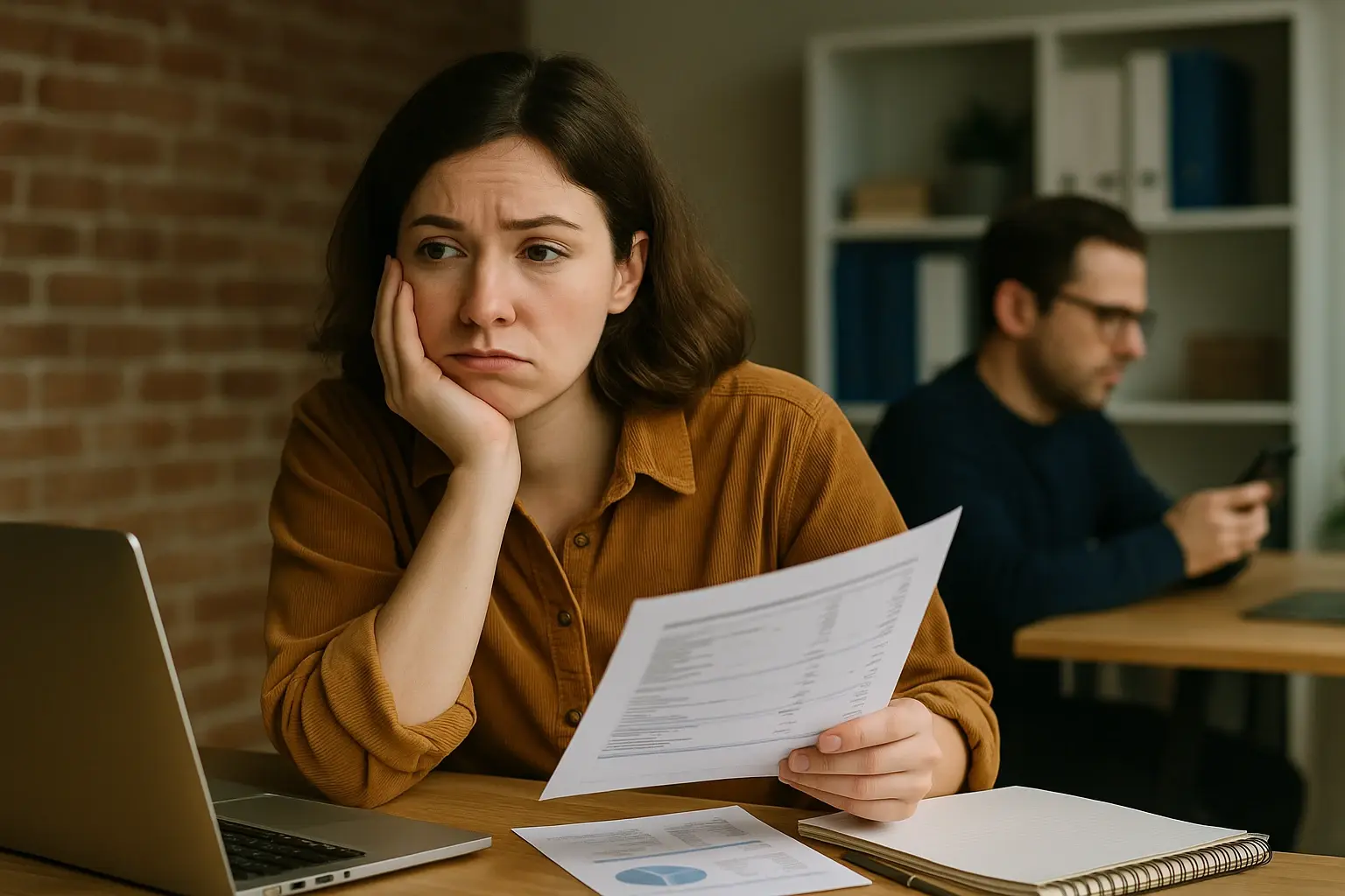 Lady looking fed up at her desk. 
