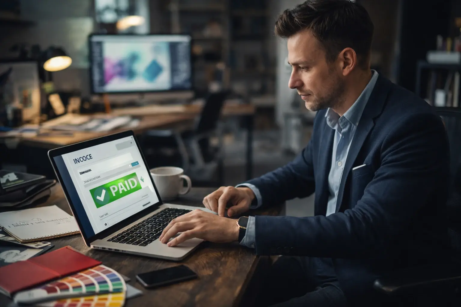 Man at desk with laptop showing a paid invoice