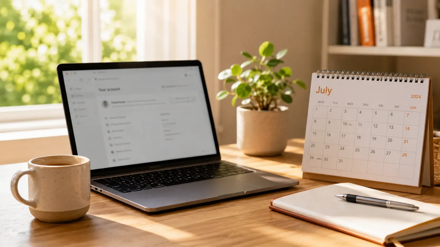Clear desk with laptop and calendar