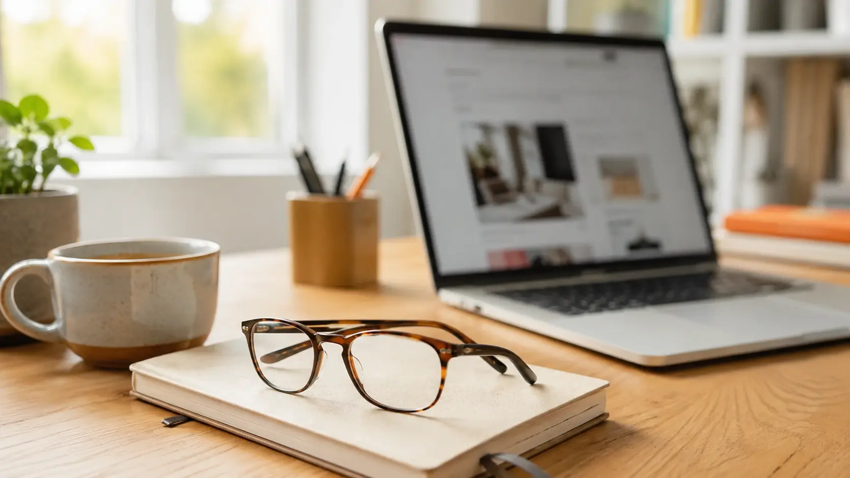 Desk scene with glasses resting on a diary