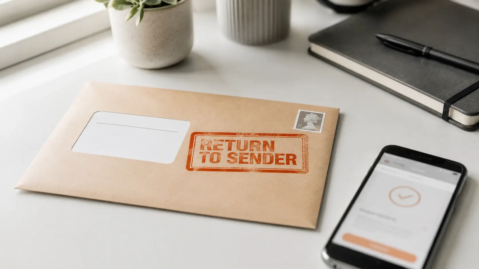 Return to sender envelope on desk