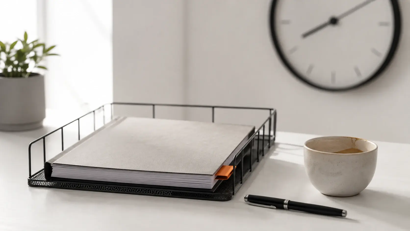 Closed document folder with an orange tab in a desk out-tray, beside a capped fountain pen and coffee, with a wall clock behind.