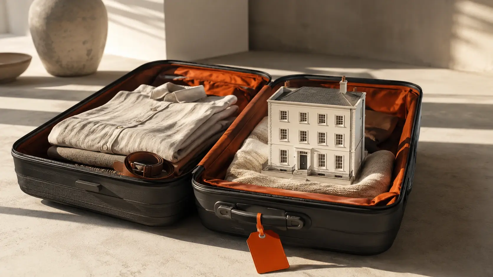 Model of a Georgian townhouse office packed in an open suitcase, lit by warm sunlight.